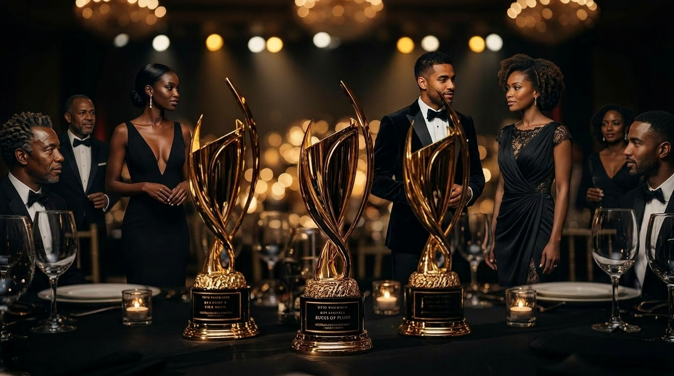 Gold trophies on a candlelit gala table