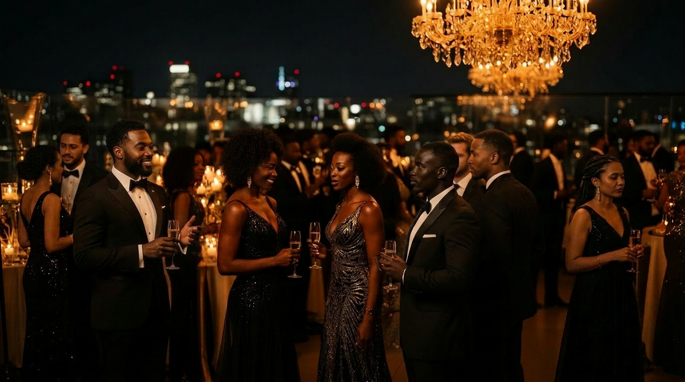 Black-tie gala guests on a rooftop with chandelier and skyline